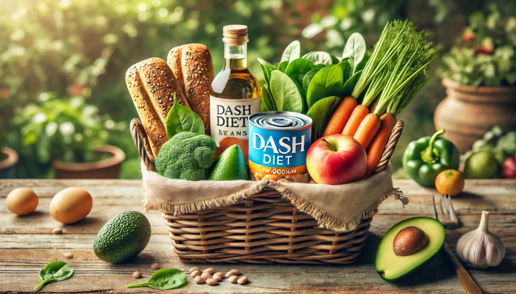 A grocery basket filled with fresh produce, whole grain bread, low-sodium canned foods, and olive oil, placed on a rustic surface in an outdoor setting.