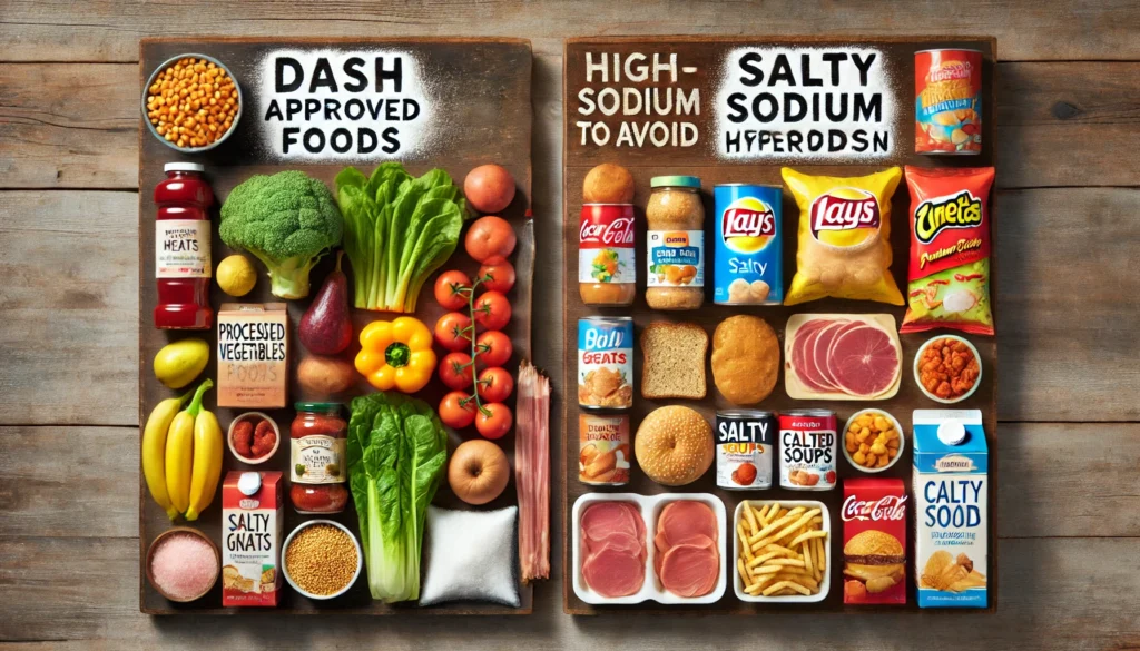 A side-by-side visual comparison of healthy DASH diet foods and high-sodium processed foods, arranged separately on a wooden surface under natural light.