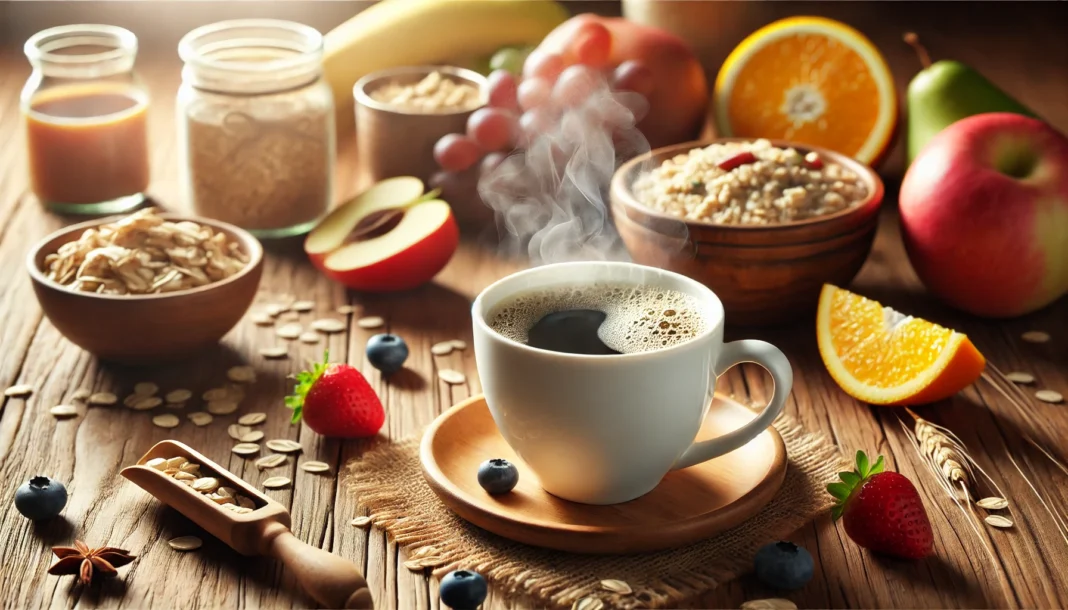 A steaming cup of black coffee on a rustic wooden table surrounded by healthy breakfast foods like oatmeal and fruit, captured in soft morning light to reflect balanced blood sugar and wellness.