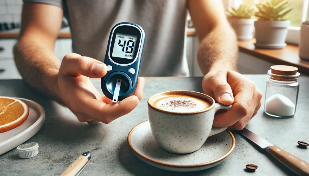 A close-up of a hand holding a glucose meter beside a cup of coffee on a clean, modern kitchen counter, visually exploring the connection between caffeine intake and blood sugar monitoring.
