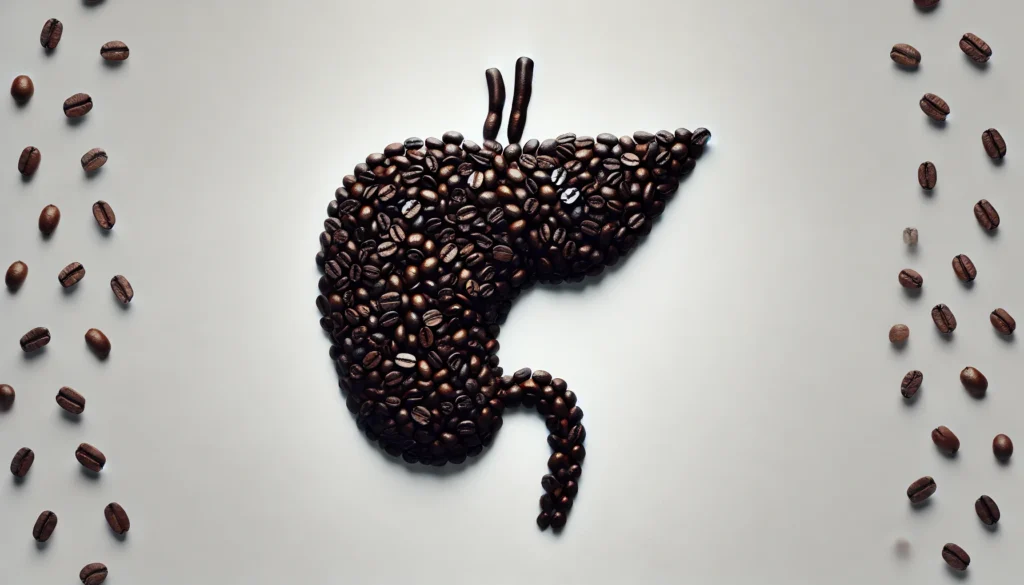 An artistic overhead shot of roasted coffee beans arranged in the shape of a pancreas on a clean white background, symbolizing the role of caffeine in insulin and blood sugar regulation.