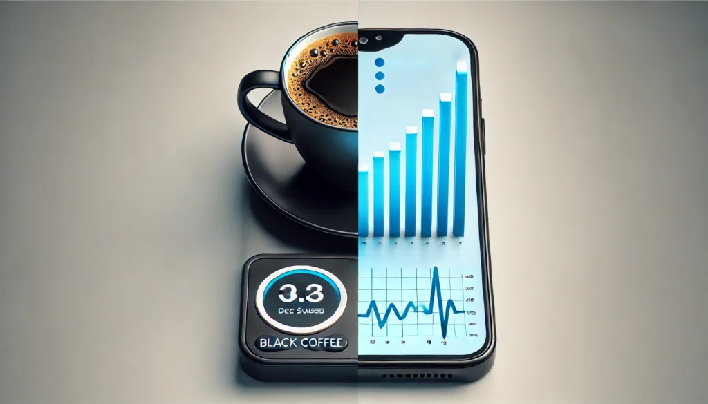 A conceptual split-screen image showing a cup of black coffee with a rising blood sugar graph on one side and a decaffeinated coffee with a steady glucose line on the other, visually symbolizing caffeine’s contrasting effects on blood sugar.
