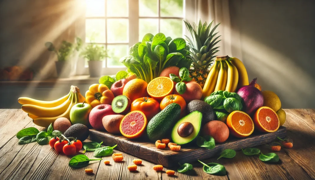 A colorful assortment of potassium-rich fruits and vegetables including bananas, spinach, avocados, and sweet potatoes on a sunlit kitchen counter, symbolizing heart-healthy nutrition.