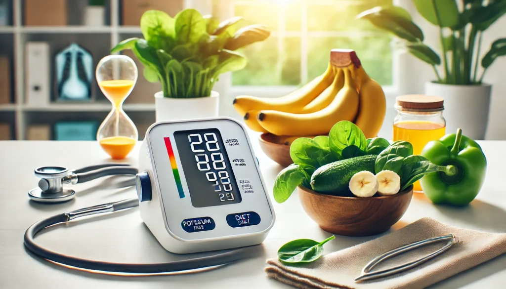 A digital blood pressure monitor beside a bowl of fresh banana slices and spinach leaves in a clean medical setting, representing the role of potassium in managing hypertension.