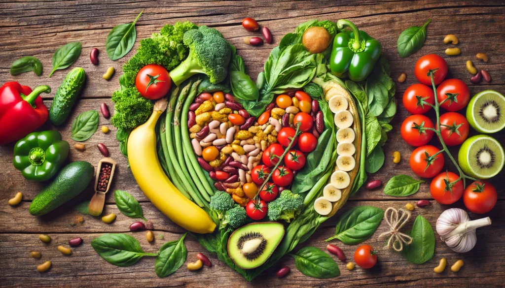A heart shape creatively made from potassium-rich foods like leafy greens, beans, tomatoes, and bananas on a rustic wooden background, symbolizing cardiovascular wellness through diet.