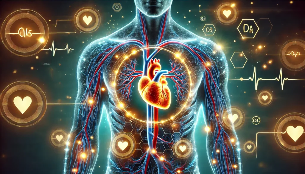 A futuristic medical illustration of the human cardiovascular system with glowing potassium symbols surrounding the heart and arteries, representing potassium’s positive impact on blood pressure.