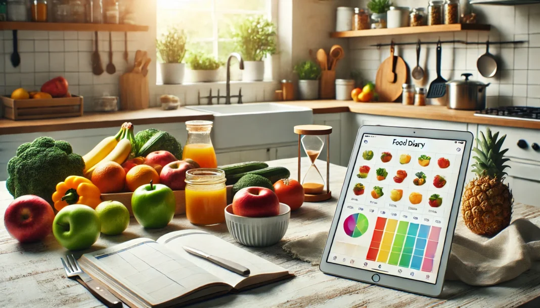 Modern kitchen with a digital tablet displaying a food diary app, surrounded by fresh fruits, vegetables, and measuring tools, representing smart meal planning and calorie tracking.