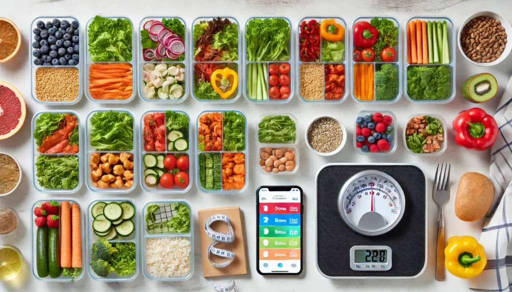 Top-down view of a meal prep station with portioned healthy meals, a digital food scale, and a smartphone tracking calories, symbolizing organized nutrition and calorie awareness.