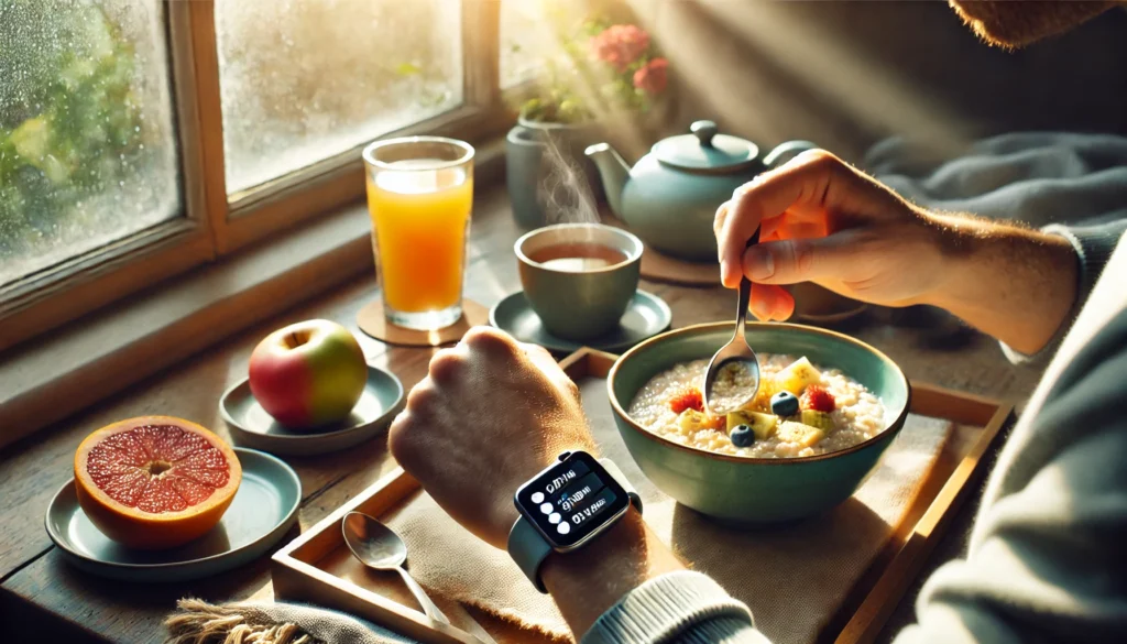 Peaceful morning scene with a person eating oatmeal while checking a smartwatch for calorie data, highlighting mindful eating and tech-based wellness tracking.