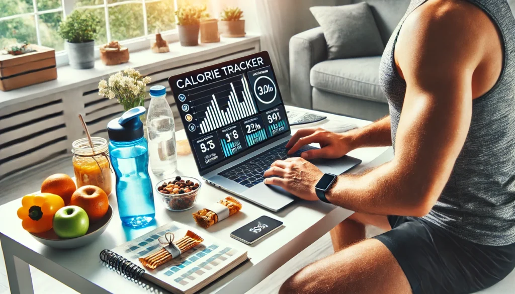 Athletic individual using a laptop with a calorie tracking graph in a bright home office, accompanied by healthy snacks and a fitness journal, reflecting digital diet planning and long-term health goals.