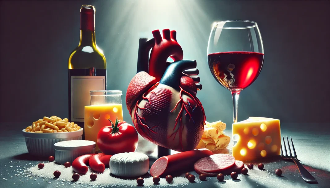 A glass of red wine placed beside a human heart model on a table, surrounded by high-cholesterol foods like cheese and sausage, visually representing the impact of alcohol on heart health.