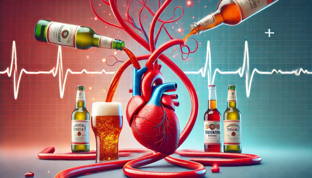 Abstract representation of beer, whiskey, and wine being poured into red arteries, symbolizing clogged blood vessels and the cardiovascular risks of alcohol consumption.