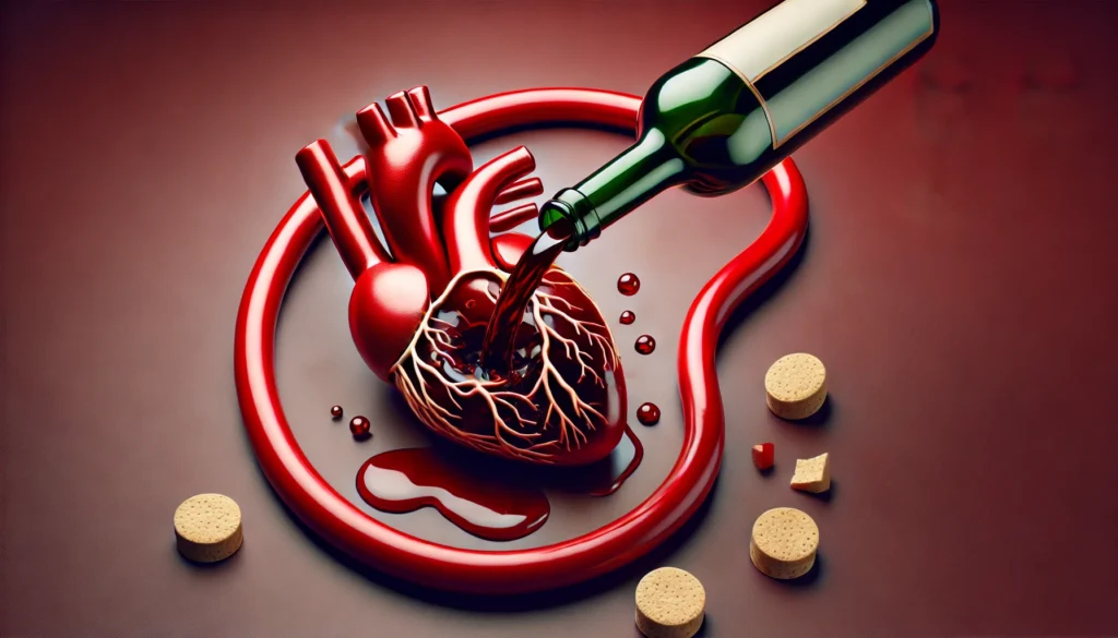 A broken wine bottle spilling liquid into a symbolic artery with visible plaque buildup, illustrating how alcohol can contribute to high cholesterol and heart disease.