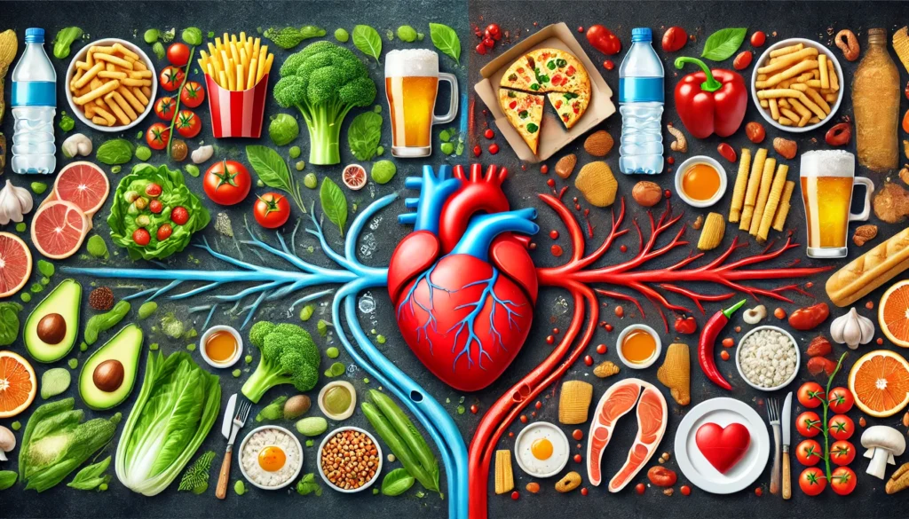 A split image showing vegetables and water on one side and alcohol with fried foods on the other, with a symbolic heart in the center highlighting the contrast between clean and clogged arteries.