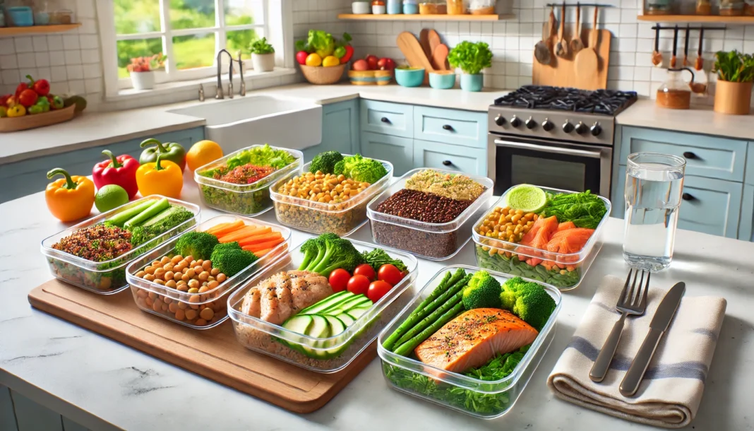 Glass containers filled with healthy weight loss meals—grilled chicken, quinoa, salmon, vegetables—on a clean kitchen counter with fresh produce in the background.