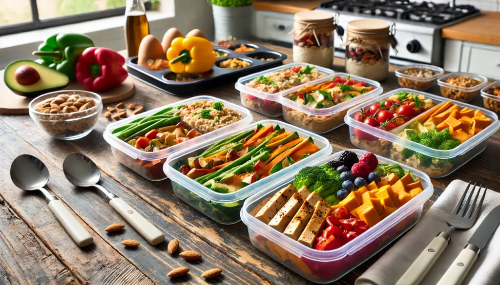 Portioned meal prep for the week featuring tofu stir-fry, turkey with sweet potatoes, and berry-topped oats on a rustic table with meal prep tools.