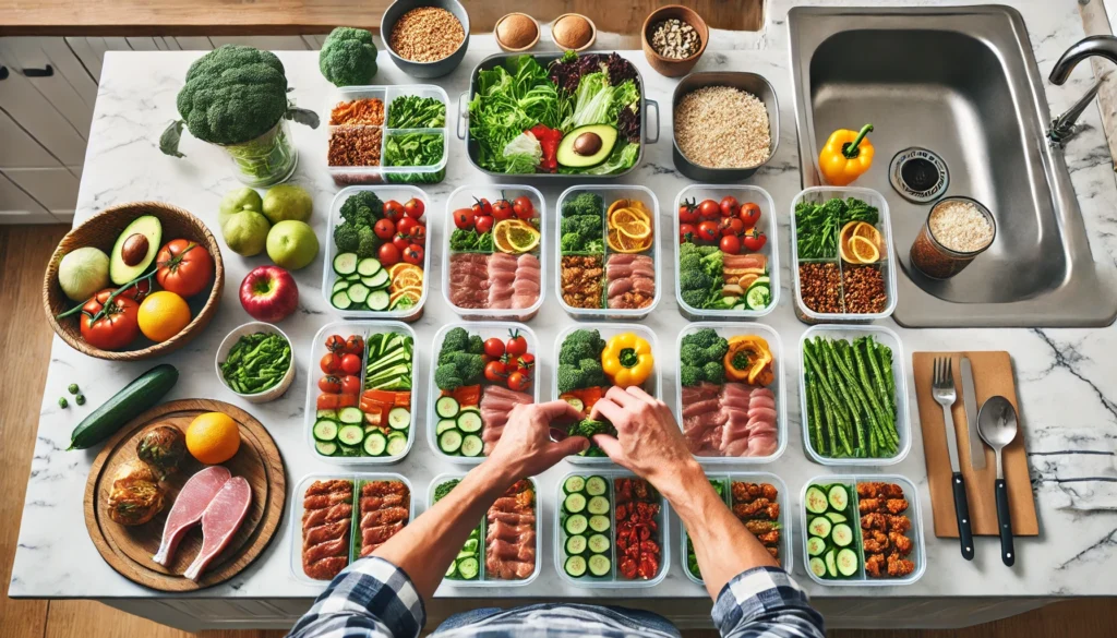 Hands preparing balanced weight loss meals at a kitchen island with grilled protein, fresh vegetables, and reusable containers in natural daylight.