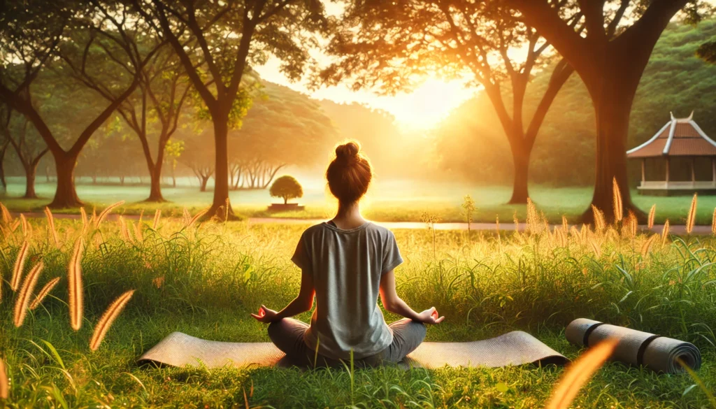 A person practicing yoga in a tranquil natural setting, symbolizing balance, mental clarity, and a healthy relationship with the body.
