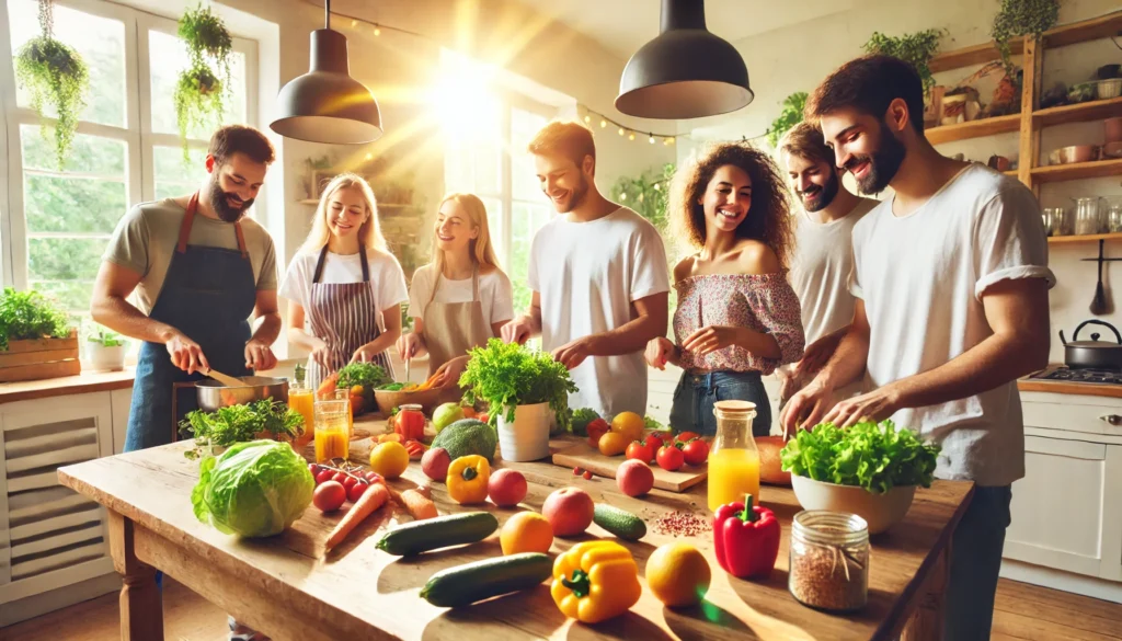 A joyful group of diverse friends cooking a healthy meal together in a bright kitchen, promoting positive food relationships, emotional support, and shared wellness—key elements in the recovery process from eating disorders.