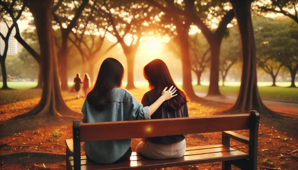 Two close friends sitting together on a wooden bench in a sunlit park during golden hour, with one offering a gentle, caring gesture—symbolizing emotional connection, trust, and the power of supportive relationships in everyday life.