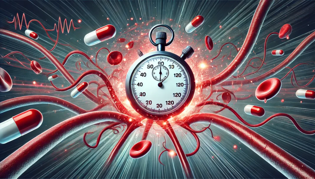 Stylized view of blood vessels with glowing capsules and red blood cells, featuring a subtle stopwatch blended into the background to represent medication effectiveness over time.