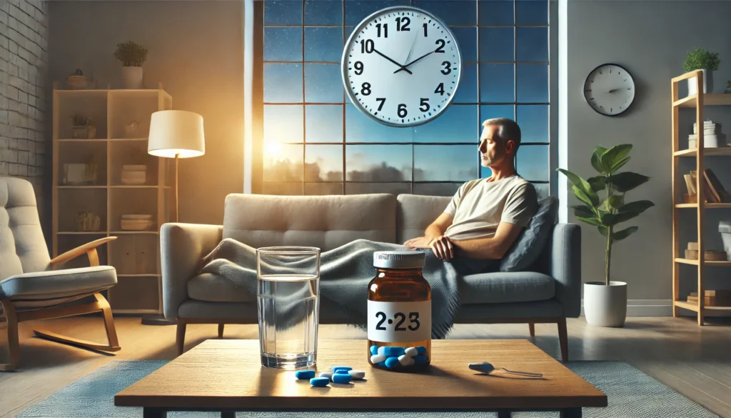 Middle-aged person resting peacefully in a cozy living room with a glass of water and pill bottle nearby, while time transitions from day to dusk outside the window, depicting the gradual effect of blood pressure medication.
