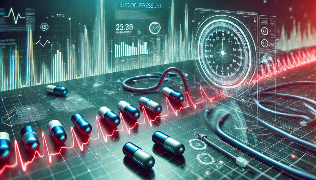 Futuristic medical graphic showing capsules traveling through a digital bloodstream overlayed with a pressure timeline, visually illustrating the scientific progression of blood pressure medication efficacy.