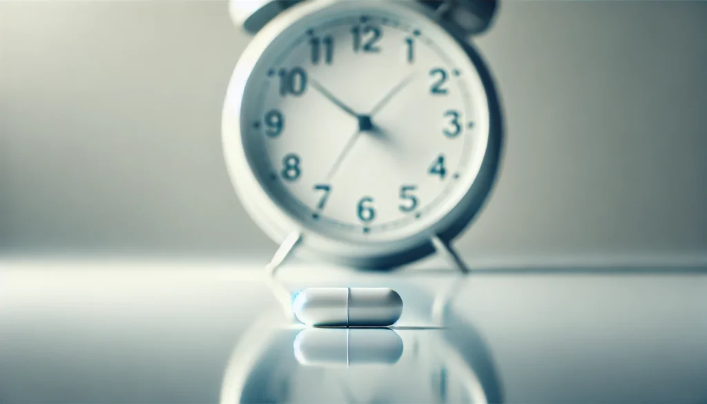 Minimalistic composition featuring a single white capsule on a reflective surface, with a softly blurred analog clock in the background to represent the passage of time after taking blood pressure medication.