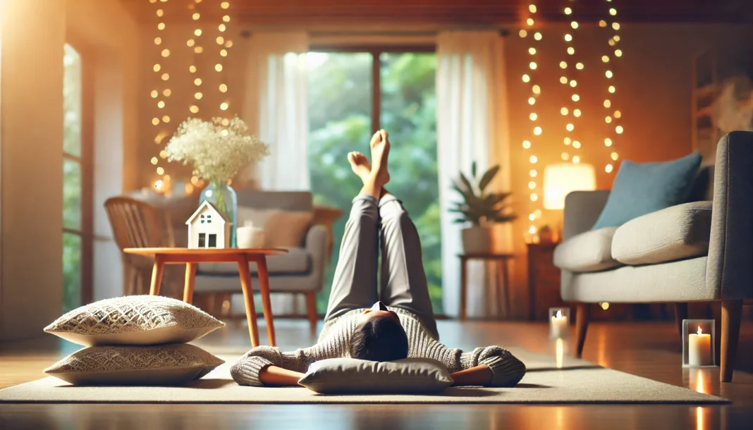 Person lying on their back with legs elevated on a couch in a peaceful living room, practicing deep breathing to lower heart rate quickly.