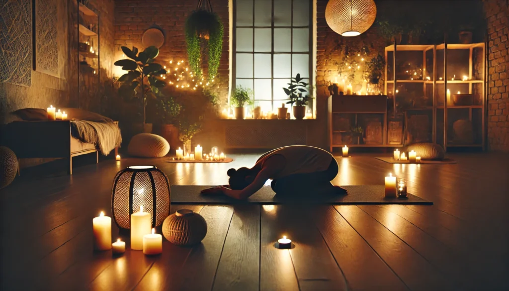 Person in child’s pose on a yoga mat in a softly lit indoor studio, surrounded by candles and calming decor to support heart rate reduction.
