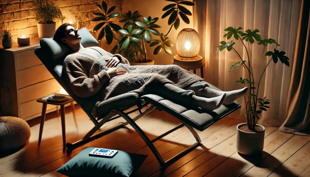 Person reclining with a weighted blanket in a dimly lit, peaceful room featuring soft lighting and a plant, promoting quick heart rate relaxation.