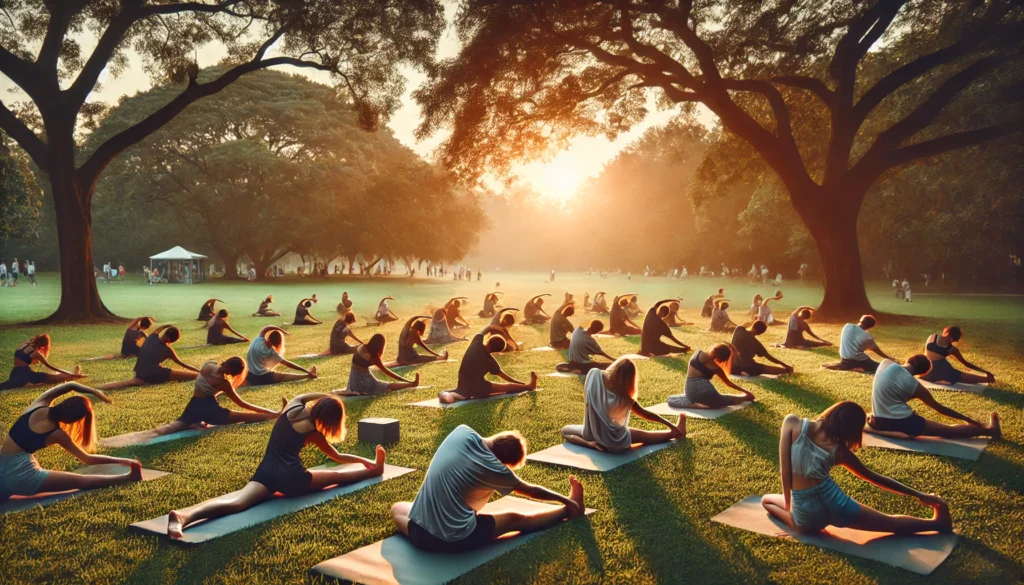 Group practicing outdoor yoga at sunset in a grassy field, symbolizing mindful movement as a natural method to reduce diastolic blood pressure.