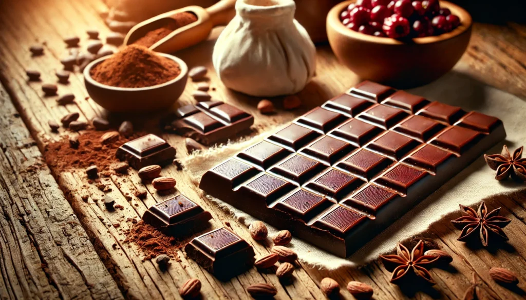 Dark chocolate squares on a wooden surface with cocoa beans and berries, representing a heart-healthy food choice that can help lower diastolic blood pressure.