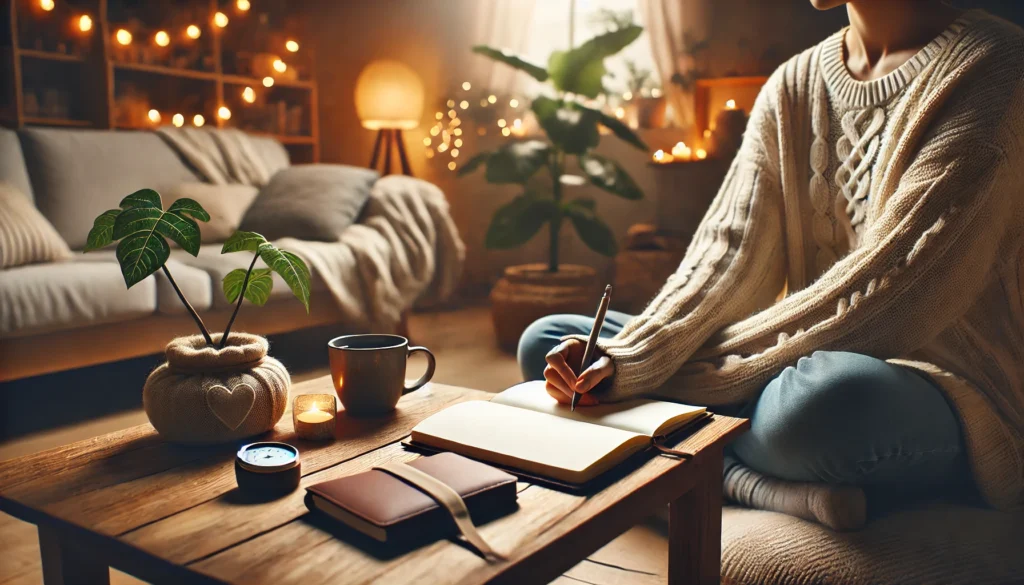 Person journaling with tea in a cozy, plant-filled room, highlighting emotional self-care as a natural stress-reduction method for blood pressure control.