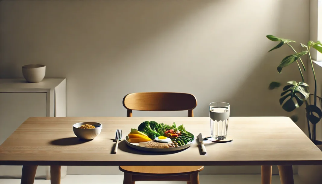 A serene, minimalist kitchen with natural lighting showcasing a single, well-balanced meal on a white plate with vegetables, lean protein, and grains, symbolizing the one-meal-a-day fasting approach.