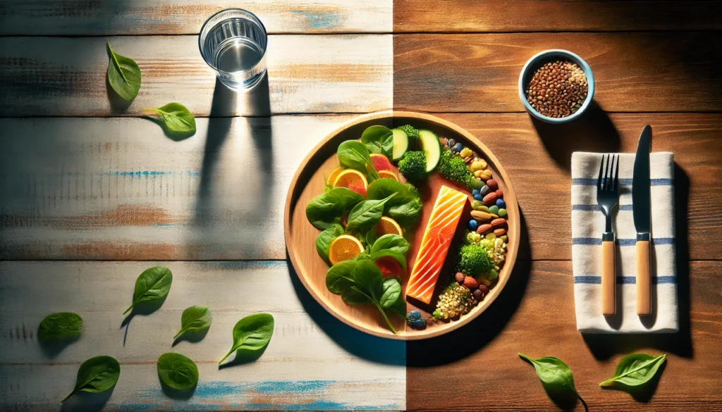 A conceptual split-scene with an empty wooden table on one side representing fasting and a vibrant, nourishing meal on the other side, visually portraying the contrast of a full day without food versus one healthy meal.