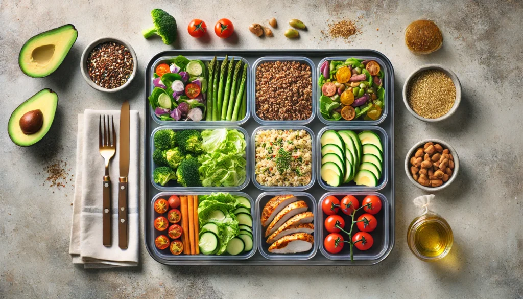 A flat lay of a portion-controlled meal prep tray featuring grilled chicken, quinoa, avocado, and fresh vegetables, representing a nutritious one-meal-a-day diet plan.