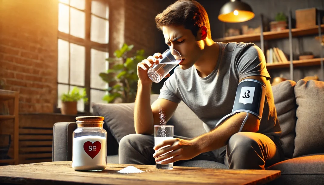 A person with low blood pressure sitting on a living room couch, drinking a glass of water with added salt to quickly raise blood pressure naturally.