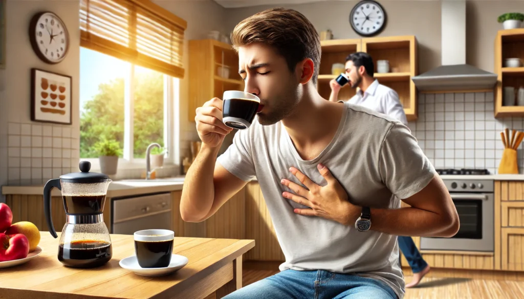 A person recovering from hypotension by drinking a strong cup of black coffee in a sunlit kitchen, using caffeine to stimulate blood pressure.