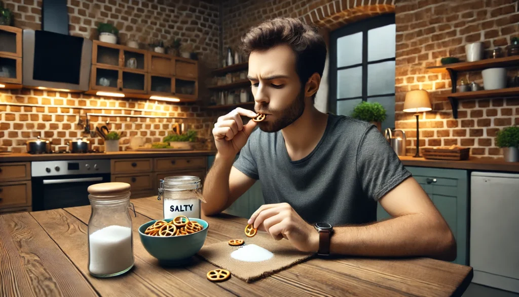A person at home eating salted crackers at a kitchen table as a quick home remedy to raise low blood pressure effectively.