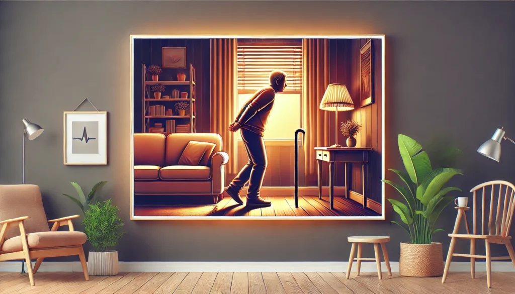 A person carefully standing up with support from a wall in a cozy, warmly lit home, demonstrating slow movement as a safe way to manage low blood pressure and prevent dizziness.