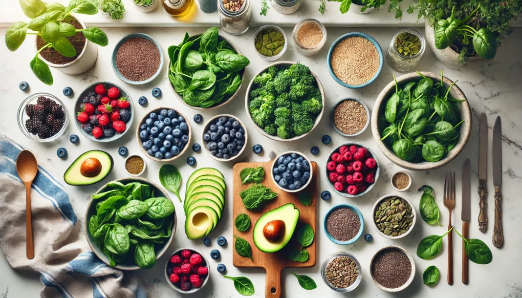 Top-down view of flat belly foods on a kitchen counter, including sliced avocado, spinach, kale, berries, chia seeds, and quinoa, presented in a clean and vibrant setting.