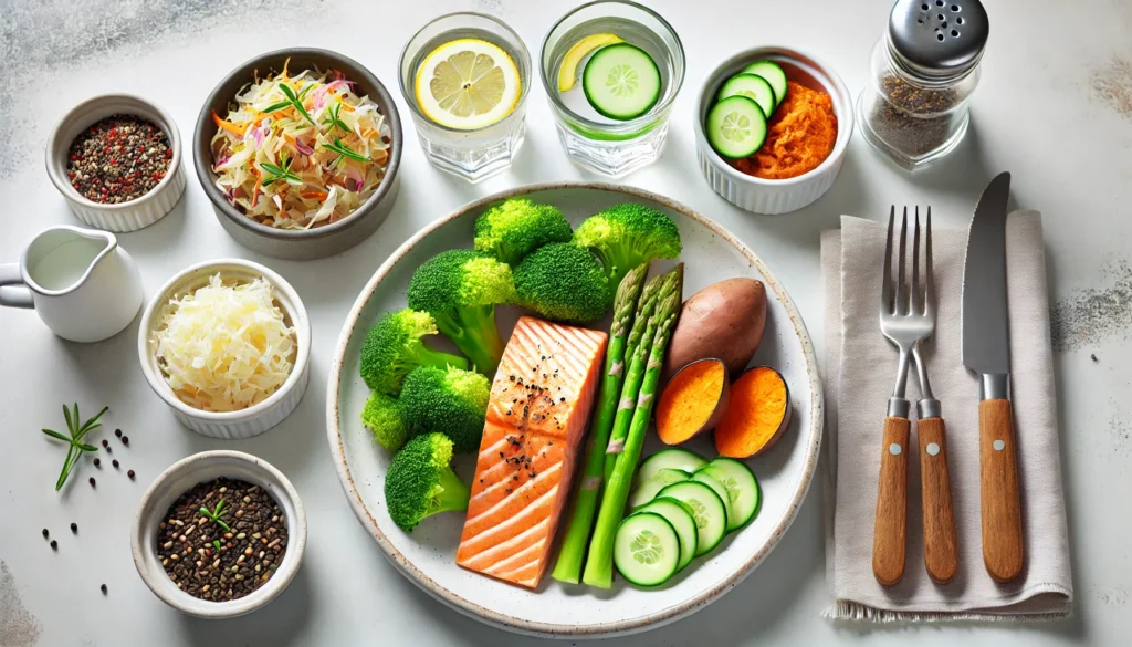 Minimalist flat belly meal on a kitchen table featuring grilled salmon, broccoli, sweet potato, sauerkraut, and cucumber lemon water in a bright, modern setting.