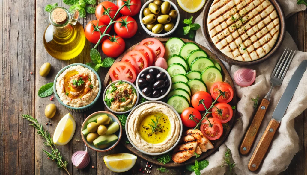 Mediterranean-inspired flat lay of flat belly foods including olive oil, hummus, cucumbers, tomatoes, olives, lemon wedges, grilled chicken, and fresh herbs on a rustic table.