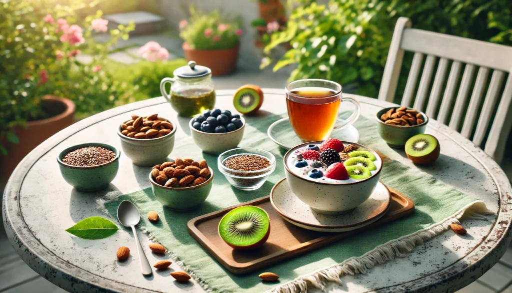 Peaceful outdoor breakfast featuring Greek yogurt with berries, kiwi slices, flaxseeds, almonds, and green tea, surrounded by morning sunlight and greenery.