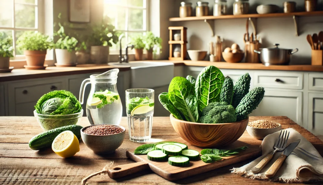 Natural foods that reduce blood calcium displayed on a wooden table—leafy greens, whole grains, cucumbers, and lemon water in a bright, peaceful kitchen