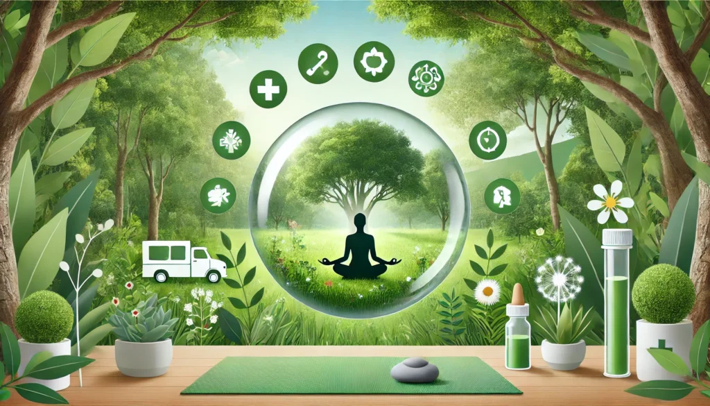 A person meditating in a tranquil garden surrounded by lush greenery, symbolizing stress reduction and hormonal balance for managing high calcium levels.