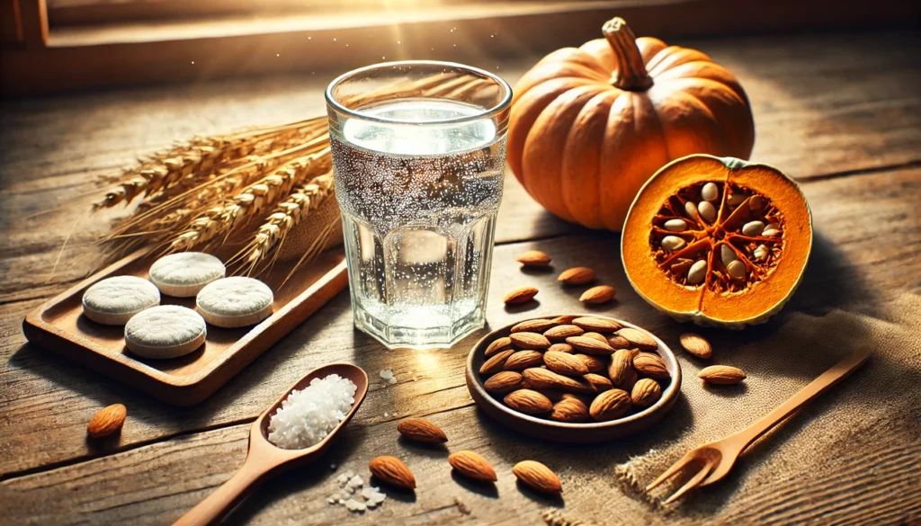 A glass of apple cider vinegar water next to a plate of magnesium-rich almonds and pumpkin seeds on a wooden countertop with natural sunlight.