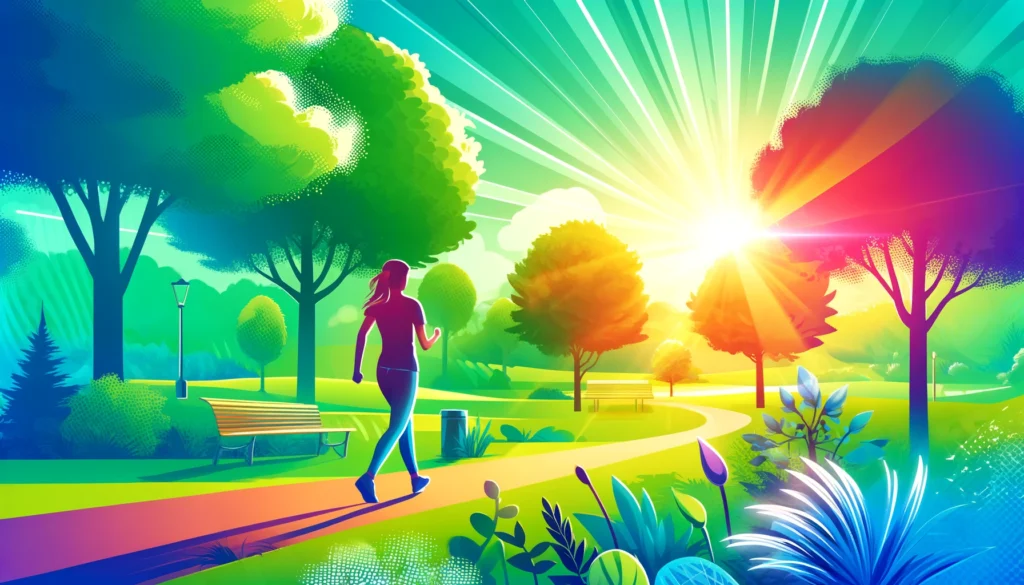 A person walking briskly in a sunny park with vibrant green trees, representing exercise and vitamin D regulation to support healthy calcium levels.