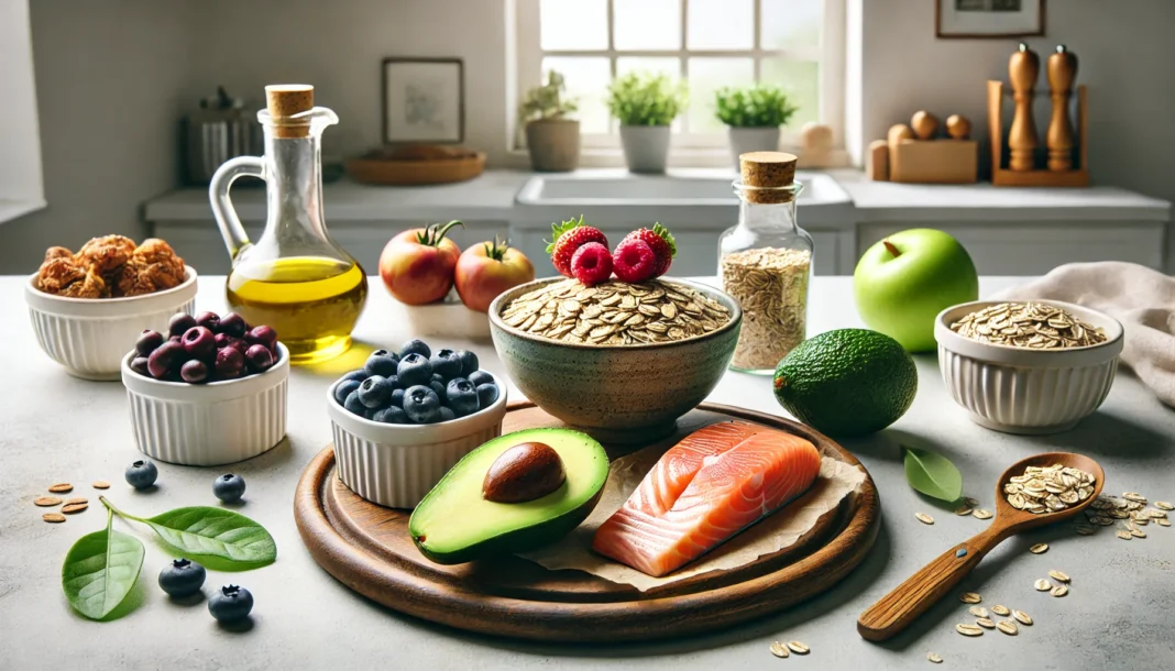A clean kitchen table with a wholesome heart-healthy meal including salmon, avocado, berries, oats, and olive oil, representing natural ways to lower blood pressure and cholesterol.